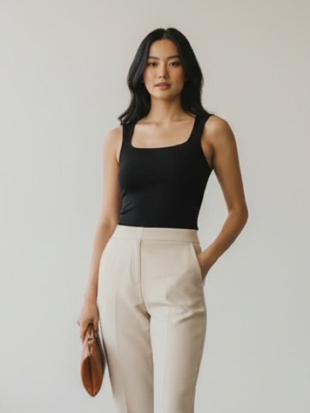 1239 • Black Double Thick Stretch Rounded Square Neck Tank Top